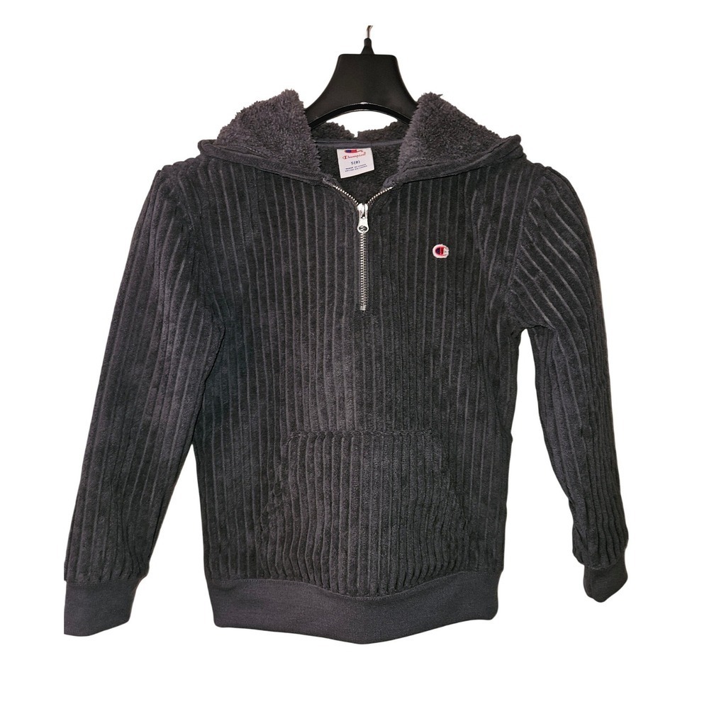 Kids Champion Corduroy Half Zip Hoodie Pullover Sherpa Lined Charcoal Gray